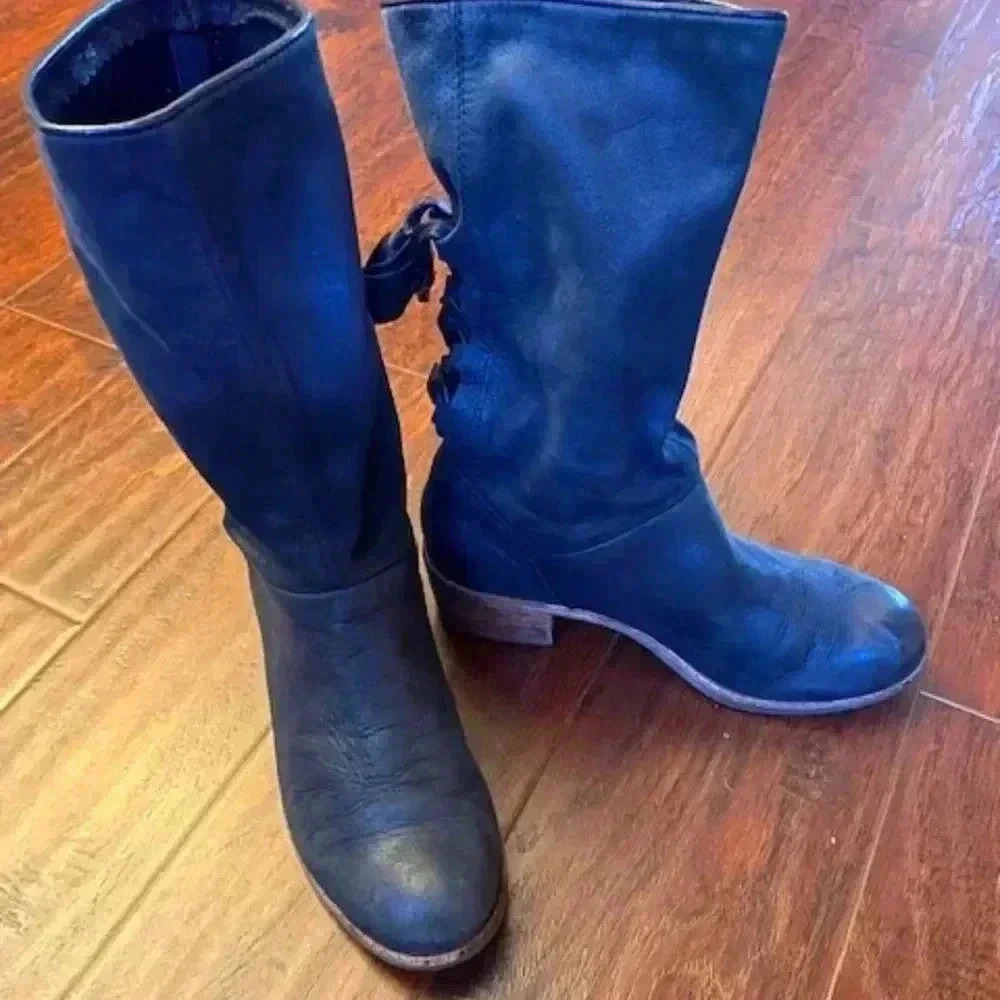 UGG Cary Black Charcoal Suede Leather Back Lace Mid Calf Boots Size 6.5